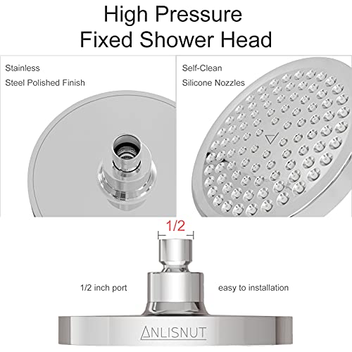 Anlisnut 6 Inch High Pressure Rain Shower Head,Integrally Formed Swivel Ball Joint,360°Adjustable Angles Luxury Fixed Showerhead (Chrome)