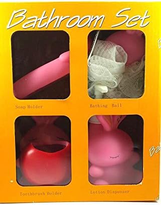 Vegarr Pink Rabbit Set of four Bathroom Accessary Set for Kids (Soap Holder, Bathroom Ball, Toothbrush Holder, Lotion Dispenser)