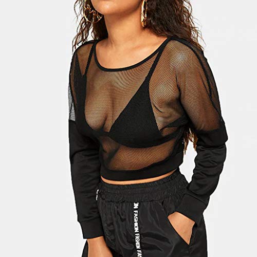 Startview Fashion Womens O-Neck Solid Mesh Patchwork Cropped Bolero Long Sleeve Tops