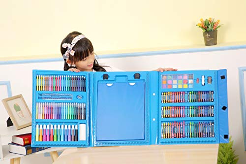 H & B Kids Art Supplies 208-Piece Painting & Drawing Case, Portable Art Box, Oil Pastels, Crayons, Colored Pencils, Markers, Great Gift for Kids 3-12, Teens, Beginners, Blue