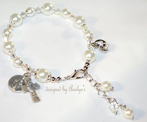 My First Holy Communion Dangling Rosary Bracelet in 8mm and 6mm Glass Pearls &amp; Swarovski Crystals ~ Choose Your Initials~~ 6 1/2"