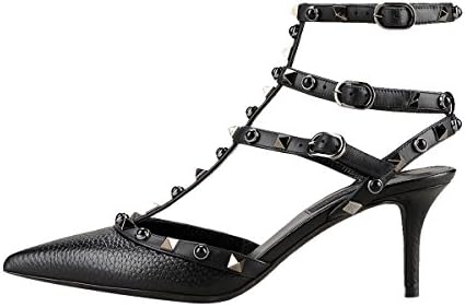 Mavirs Women's Pointed Toe Ankle Strap Pumps T-Strap Mid Heel Rivets Studded Shoes