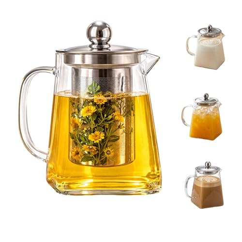 Chaleira de Vidro Borossilicato com Infusor Removível e Tampa em Aço Inox – Bule de Chá 2 em 1, Jarra de Vidro com tampa, para Chá e Infusões, Bebidas Quentes e Frias - Presente Sofisticado (950ml)