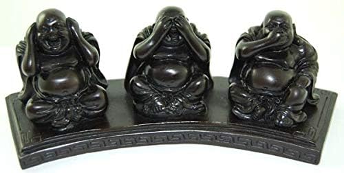Weird Or Wonderful 3 Wise Happy Buddhas - Set of Three On Stand See No Hear No Speak No Evil Eastern Religion Laughing Lucky Buddism Chinese Ornament Figurine Statue Oriental Gift