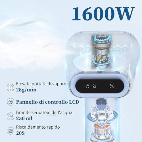Stiratrice a vapore per abiti, portatile e maneggevole, capacità di 250ml, 1600W, riscaldamento 25s, spegnimento automatico, autol pulizia, nessuno schizzo d'acqua, per casa, ufficio e viaggio
