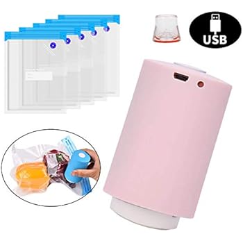 Baiwka Mini Automatic Compression Vacuum Pump, USB Rechargeable Electric Vacuum Sealers Machine with 5 Space Saver Bags and Sealing Clips, Handheld Air Extractor for Packing Food Clothes (Pink)
