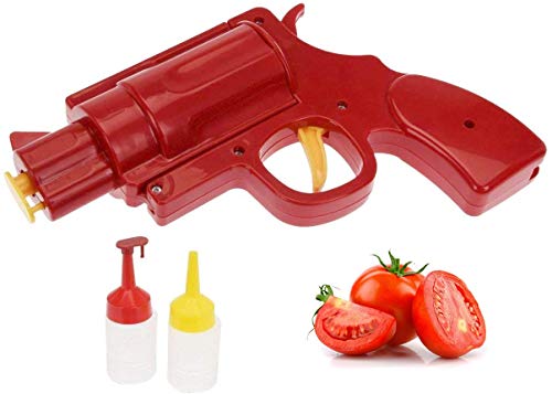 Novelty Condiment Shooter Dispenser - Plastic Ketchup Mustard BBQ Hot Sauce Container Squeeze Gun Shaped Bottle Funny