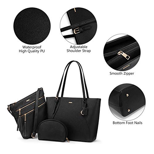 LOVEVOOK Borsa a Mano Donna Nera, Borsetta da Donna Elegante Borsa a Spalla Portafoglio 3pcs, Grande Borsa a Tracolla Donne Moda Borsetta Tote Nero, Miglior Regalo per la festa della Mamma