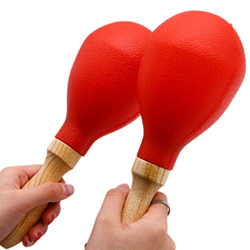 AQUEENLY Plastic Maracas Shakers, Sand Hammer Rattles with Wooden Handles for Percussion, Music Performances - Percussion Instrument (2 Pcs, Red)