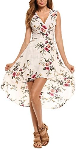 Pagacat Floral Print Dress Womens A-Line Sleeveless Evening Dresses (Raw White off White, Small)