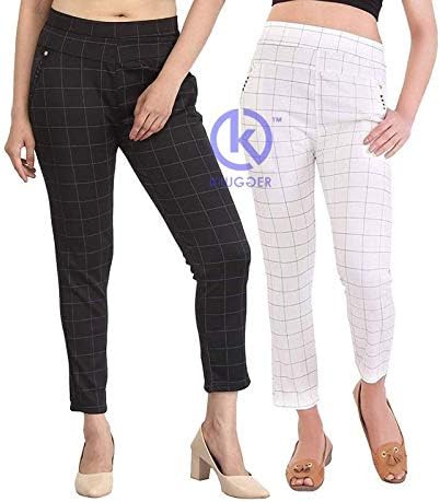 Klugger Women's/Girl's Exclusive Check Pattern Ankle Length Jeggings/Trouser/Pants Free Size (Pack of 2)