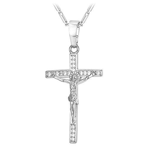 Boys Girls Crucifix Cross Necklace Platinum/Stainless/18K Gold Plated Polished/Vintage/CZ/St Benedict Medal Cross Crucifix Pendant with Chain