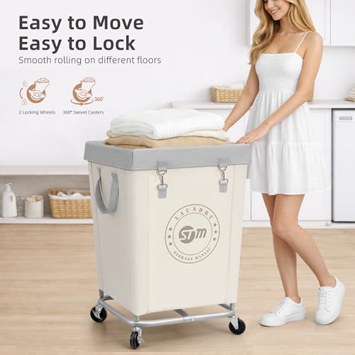 STORAGE MANIAC Commercial Laundry Hamper with Heavy Duty Steel Frame, 160 L Industrial Clothes Basket Cart with Wheels for Hotel, Home, Laundry Room, 18''L x 18''W x 31''H, Medium Beige