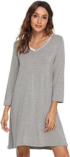 GYS Women's V Neck Sleeved Nightshirt Soft Bamboo Nightgown, X-Large, Heather Grey