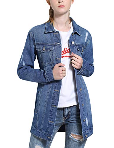 Tanming Women's Casual Lapel Slim Long Sleeve Denim Outercoat Jacket Windbreaker (X-Large, Blue TM1)