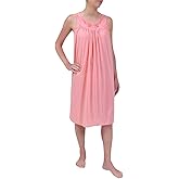 Miss Elaine Nightgown - Women's Short Nylon Tricot Gown, Sleeveless Gown with Petal Embroidery at Round Neck