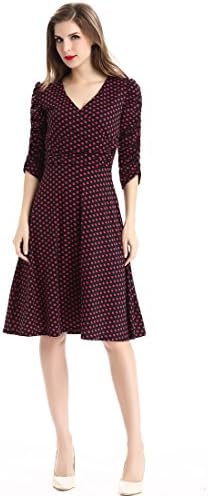 Aamikast Women's V-neck 3/4 Ruched Sleeved Casual Elegant Cocktail Dresses (S, Red Dot)
