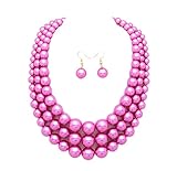 Women's Simulated Faux Three Multi-Strand Pearl Statement Necklace and Earrings Set (Hot Pink)