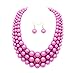 Women's Simulated Faux Three Multi-Strand Pearl Statement Necklace and Earrings Set (Hot Pink)