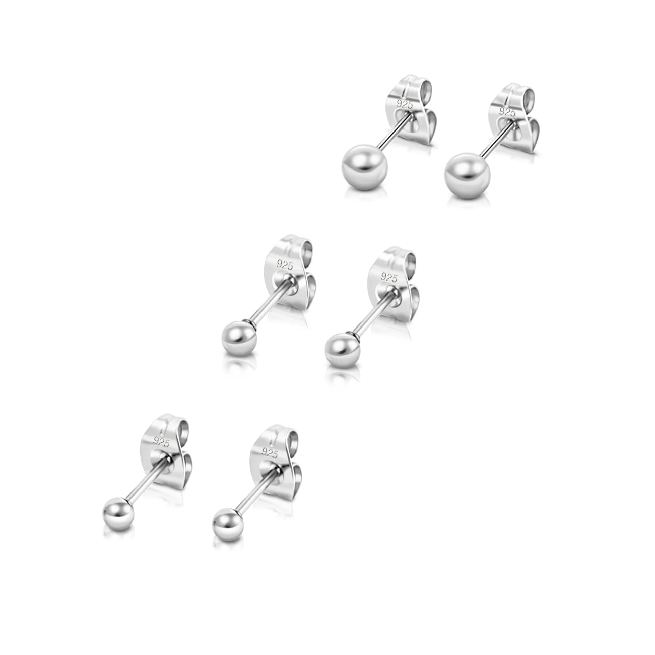 Set of 3 Sterling Silver Stud Earrings for Women - Mens Studs Ball Earring - Small Silver Studs Earrings for Women - Sleeper Earring Set of 3 - Hypoallergenic Ear Piercing 2,3,4 mm