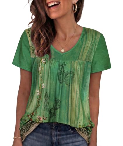 Womens Blouses Short Sleeve V Neck T Shirts Flowy Tops, Green Floral, XXL at Amazon