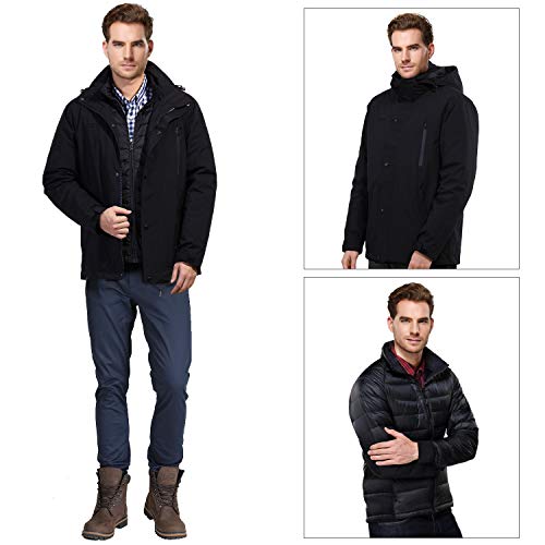 TFO Men's 3-in-1 Down Jacket Waterproof Windproof Hooded Warm Parka Snow Ski Raincoat Winter Outdoor Down Coat Black XXL