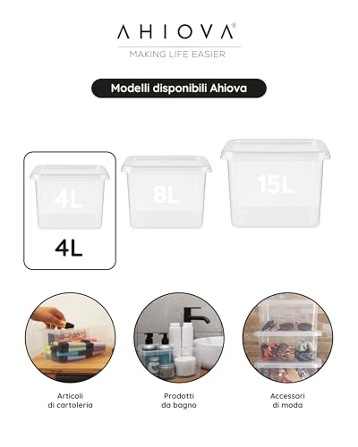 AHIOVA 4L Small Plastic Boxes with Lids Set of 6 Stackable Storage Boxes 100% Transparent Click Pressure 26.5 x 19.5 x 12.5 cm Bathroom Drawers Office BPA Free Made in Europe