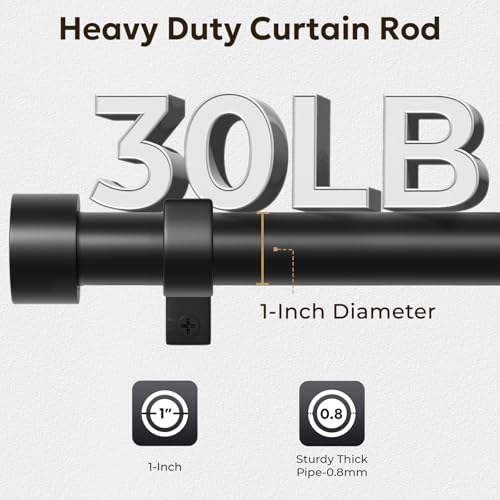 Zeerobee Curtain Rods for Windows 32 to 72, 1 Inch Black Heavy Duty Drapery Rods with Adjustable Length, Outdoor Modern Curtain Pole with Simple End Caps, 32"-72", Black