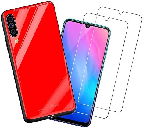 WUFONG case compatible Samsung Galaxy A70,creative soft frame glass phone case,all surrounded by mobile phone case,send 2 pieces of tempered glass film-red
