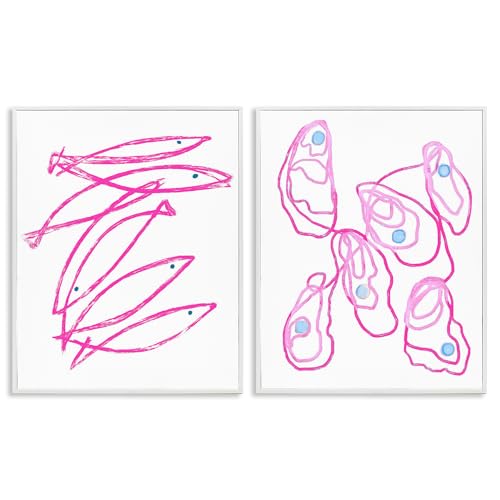 Stupell Industries Minimal Pink Fish & Oysters 2 Piece White Framed Giclee Art…