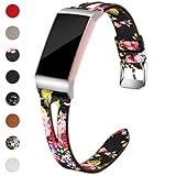 Maledan Bands Compatible for Fitbit Charge 3 and Charge 3 SE Fitness Activity Tracker, Slim Genuine Leather Band Replacement Accessories Strap for Charge3 Special Edition, Large, Black/Pink Floral