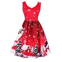 Vanbuy Womens V Neck Vintage Christmas Dress Reindeer Print Xmas Dress Z244-1591-Burgundy-2XL