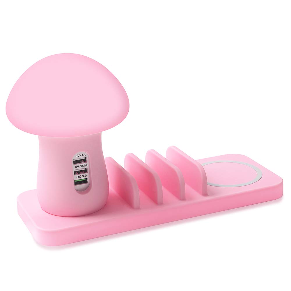 Stazione di ricarica Wireess con caricabatterie USB 3 porte Caricatore USB Supporto di ricarica per Apple iPhone Samsung Tablet Tablet Smartphone, Rosa