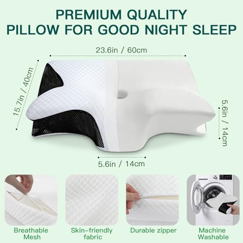 FEYIDEO Cervical Pillow, 2 in 1 Ergonomic Memory Foam Pillow Pillows for Neck Side Sleeper, Back and Mouth Down, 60 x 40 x 12/14 cm (Black)