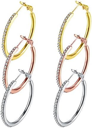 Maxilei Hoop Earrings, Stainless Steel Cubic Zirconia Earrings,Rhinestone Earings For Women Or Girls (White+Rose+Yellow)