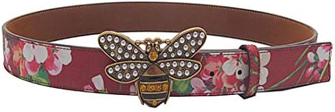 Fashion Women Leather Flower Print Belt Pearl Rhinestone Bee Buckle Lady Belt Gift