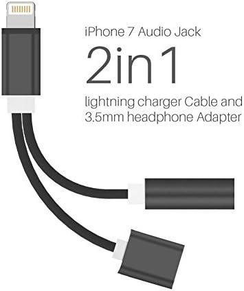 Lightning to 3.5mm Headphone Bluetooth Jack Audio Adapter 2 in 1 Aluminum Lightning Adapter Lightning Headphone Audio and Charger Adapter for iPhone 7 /7 Plus /8 /8 Plus /X ，iPhone 7 Adapter, Black