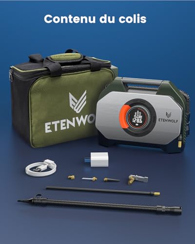 ETENWOLF Vortex S7 38400mAh Wireless Car Tyre Inflator 11.03 Bar | Portable compressor for heavy vehicles and cars - 100% continuous cycle and double cylinder for long-lasting performance