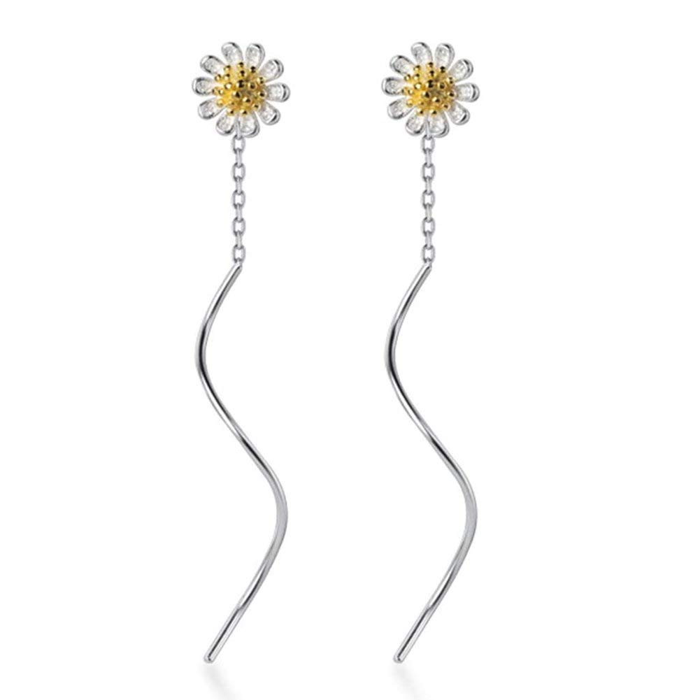Dainty Daisy Flower Tassel Chain Dangle Drop Earrings S925 Sterling Silver for Women Girls Cute Chrysanthemum Long Threader Dangling Stud Earring Fashion Jwewlry Hypoallergenic Sensitive Ears BFF