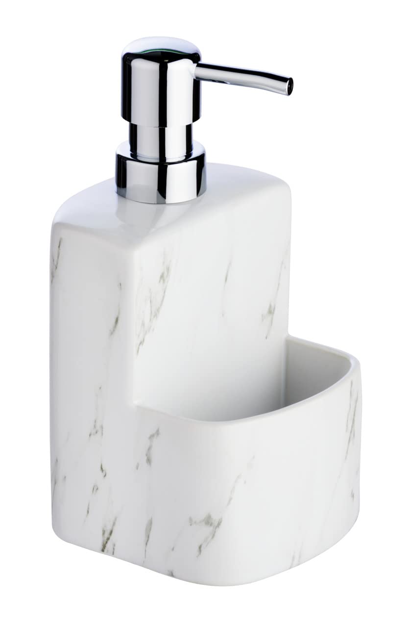 WENKO PUMA Detergent Festival Marble Refillable Soap Dispenser with Non-Slip Soft-Touch Surface 0.38 L, Ceramic, White, 10 x 18 x 10 cm