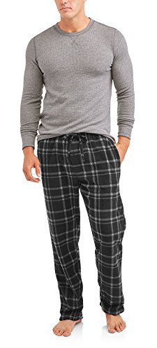 Hanes Mens Adult Xtemp Long Sleeve Crew Shirt & Fleece Plaid Pant Pajamas PJ Set - Active Grey Heather, Medium