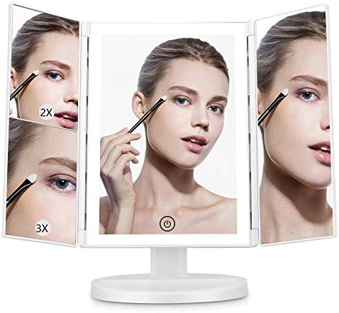 GUSTALA Makeup Mirror, Tri-Fold Mirror Vanity Mirror with Touch Screen Dimming,1x 2x 3x Magnifying Mirror,180° Adjustable Rotation, Battery and USB Powered Lighted up Countertop Cosmetic Mirror
