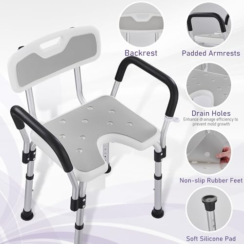 KSITEX Shower Chair for Elderly U 6 Height Adjustable Stool Armrests, Aluminium Bathtub Chair with Non-Slip Seat for Indoor Shower, Non-Slip Safety up to 150 kg