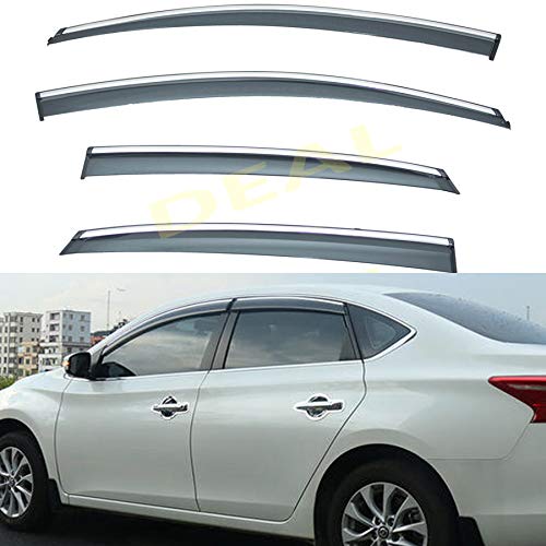 DEAL 4-Piece Set Outside Mount Tape On/Clip On Type Smoke Tinted Sun/Rain Guard Vent Window Visors With Chrome Trim For 2013-2019 Nissan Sentra All Models