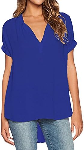 Tirahse Fashionable Womens Sexy Chiffon V Neck Short Sleeve Loose Fit Tops Shirts M Blue 1