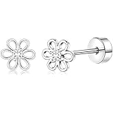 Cute 20g CZ Flower Screw Flat Back Small Stud Earrings for Women Stainless Steel Tiny Mini Crystal Floral Cartilage Tragus Piercing Studs Hypoallergenic Fashion Jewelry