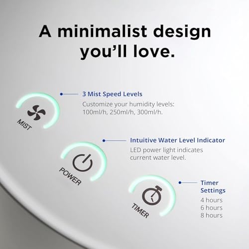 Carepod One Stainless Steel Humidifier for Large Room, Quiet & Safe for Baby, Only 3 Washable Parts & Easy to Clean, Ultrasonic Cool Mist Humidifiers for Bedroom, Filter-Free, Lasts 30Hrs (1Gal/4L)