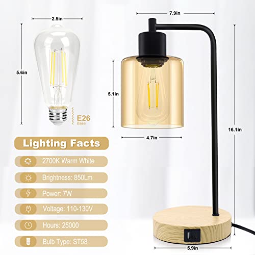 Industrial Table Lamp for Bedroom with USB Type-C AC Ports Amber Glass Lamp Shade Touch Control Bedside Lamp 3-Way Dimmable Nightstand Reading Lamp Set of 2 for Living Room,Office,2 LED Bulbs Include