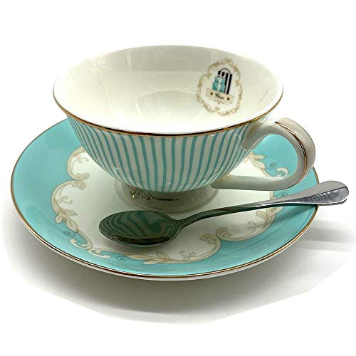 Krysclove Vintage Blue Bone China Teacup Spoon and Saucer Set, Delicate Royal Bone China Coffee Mug Print Cup Ceramic Tea Cups (Stripe)
