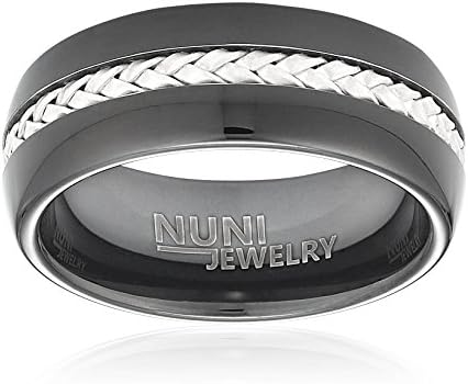 Nuni Jewelry Tungsten Ring Elegant Wedding Band with Black Plated Hoop Silver Cable Inlay–Tungsten Carbide 8mm Wedding Band for Men and Women–Comes in A Protective Velvet Pouch